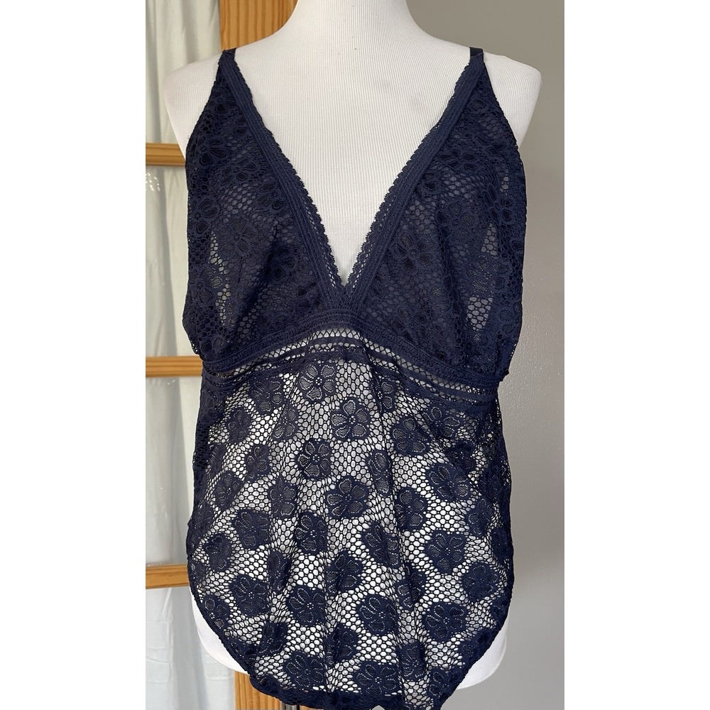 Aerie Full Floral Lace Lingerie Bodysuit Women's Sz L Navy Adjustable Strap Sexy